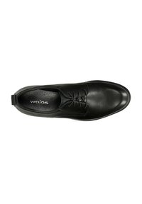 Scarpa in pelle nera con punta arrotondata, design con lacci, superficie liscia, tacco basso e marchio interno che mostra "wojas."