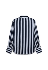 Camicia a maniche lunghe con strisce verticali blu navy e bianche, con polsini abbottonati e un colletto classico, vista dal retro.