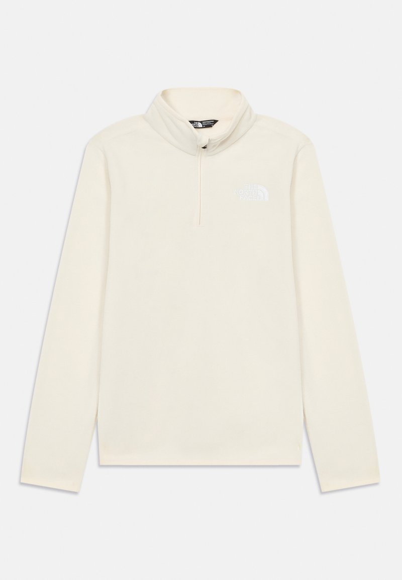 Pullover de fleece cor creme com fecho de 1/4 e um colarinho alto, apresentando o logotipo da The North Face em cinza claro no lado esquerdo do peito. Textura suave.