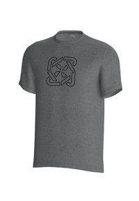 Grijze t-shirt met korte mouwen van katoen, met een ronde halslijn, en een zwart geometrisch logo op de voorkant. Soepele textuur.