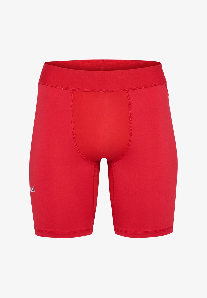 Rote Schwimmshorts aus elastischem Material, mit figurnahem Schnitt, glatter Textur und einem elastischen Taillenbund für zusätzlichen Komfort.