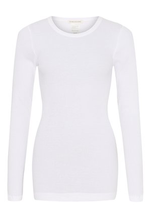 Maglietta bianca a maniche lunghe realizzata in tessuto a coste testurizzato. Presenta un collo rotondo e una silhouette aderente. Design senza cuciture per ridurre l'irritazione.
