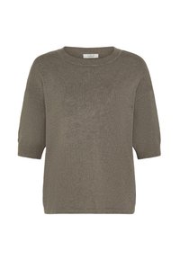 Olivgrüner Kurzarmpullover mit Rundhalsausschnitt, gerippter Textur und lockerer Passform. Einfaches Design, keine sichtbaren Beschläge oder Muster.