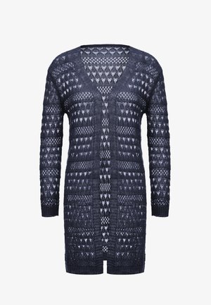 Ciemnoniebieski sweter zapinany na guziki z dekoltem w serek, otwartym przodem, długimi rękawami i geometrycznymi wzorami ażurowymi. Strukturalna tkanina.