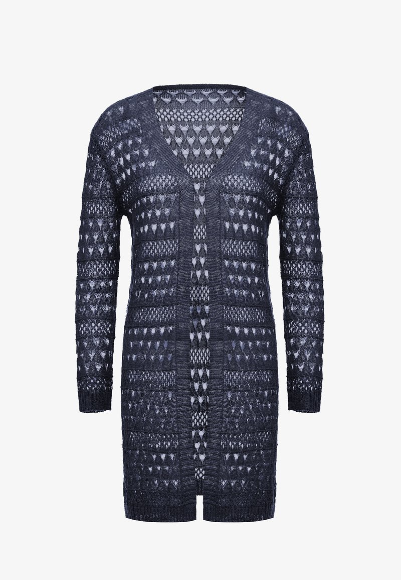 Cárdigan de punto azul oscuro con escote en V, abertura frontal, mangas largas y patrones geométricos de calado en toda su superficie. Tela texturizada.