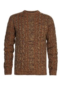 Brown and orange knitted sweater with a cable pattern, featuring a round neckline and long sleeves made from a textured material.