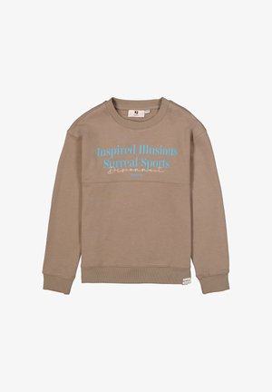 Brauner Sweatshirt mit Rundhalsausschnitt, mit blauem Text "Inspired Illusions Surreal Sports" und glatter Textur, gerippten Bündchen und Saum.