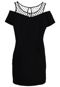 Robe noire moulante épaule dénudée avec manches courtes et un col en résille transparente à pois avec une fermeture par lien en trou de serrure.