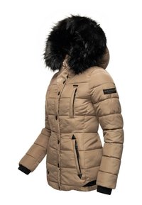 Beige padded jacket with a black fur-lined hood, front buttons, zippered pockets, and ribbed cuffs. Features logo on left sleeve.