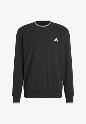 Sudadera negra de manga larga con cuello redondo, puños acanalados y un logo de Adidas blanco en el pecho. Textura de tejido suave.