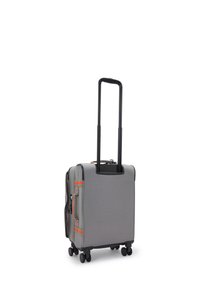 Gray wheeled suitcase with an extendable black handle, orange accents on the zippers, and four swivel wheels for maneuverability.
