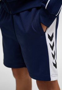 Személy tengerészkék rövidnadrágot visel fehér oldalsó panelekkel és fekete chevron nyilakkal, kezét a zsebében tartja, világos háttér előtt áll.