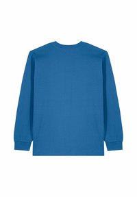 Chemise à manches longues en coton bleu uni. Comprend un col rond, une coupe décontractée et des poignets côtelés. Texture lisse, sans motifs ni ornements.