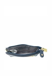 Blauwe leren pouch met een gouden rits, gevoerd met een bloemendessin. Compact ontwerp met een gladde textuur en een RFID-blokkering label.