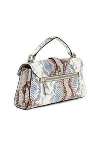 Borsa strutturata in grigio chiaro, stampa serpente blu e marrone. Presenta una maniglia superiore, una tasca frontale con zip e una finitura testurizzata.