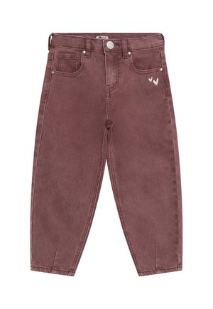 Dziecięce spodnie jeansowe z wysokim stanem w kolorze mauve z przednimi kieszeniami, szlufkami na pasek, zapięciem na guzik i dwoma małymi nadrukami serc na prawej kieszeni.