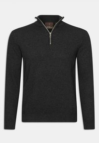Dunkelgrauer Pullover aus einem weichen Stoff, mit hohem Kragen und Reißverschluss vorne, sowie enganliegenden Bündchen und Saum.