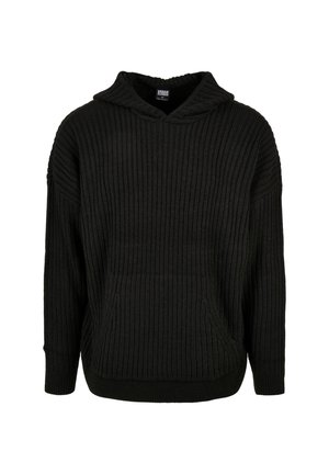 Sudadera con capucha negra de punto acanalado, con un bolsillo delantero y capucha ajustable con cordón. Presenta un corte holgado y un patrón texturizado en la tela.