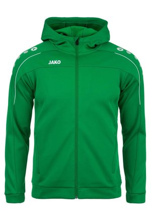Groene zip-up hoodie van textiel met structuur. Heeft een capuchon, witte accenten en een logo. Eenvoudig ontwerp met zijzakken.