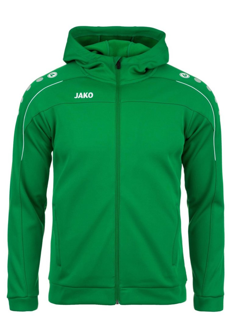 Felpa verde con zip realizzata in tessuto testurizzato. Presenta un cappuccio, accenti bianchi e un logo. Design semplice con tasche laterali.