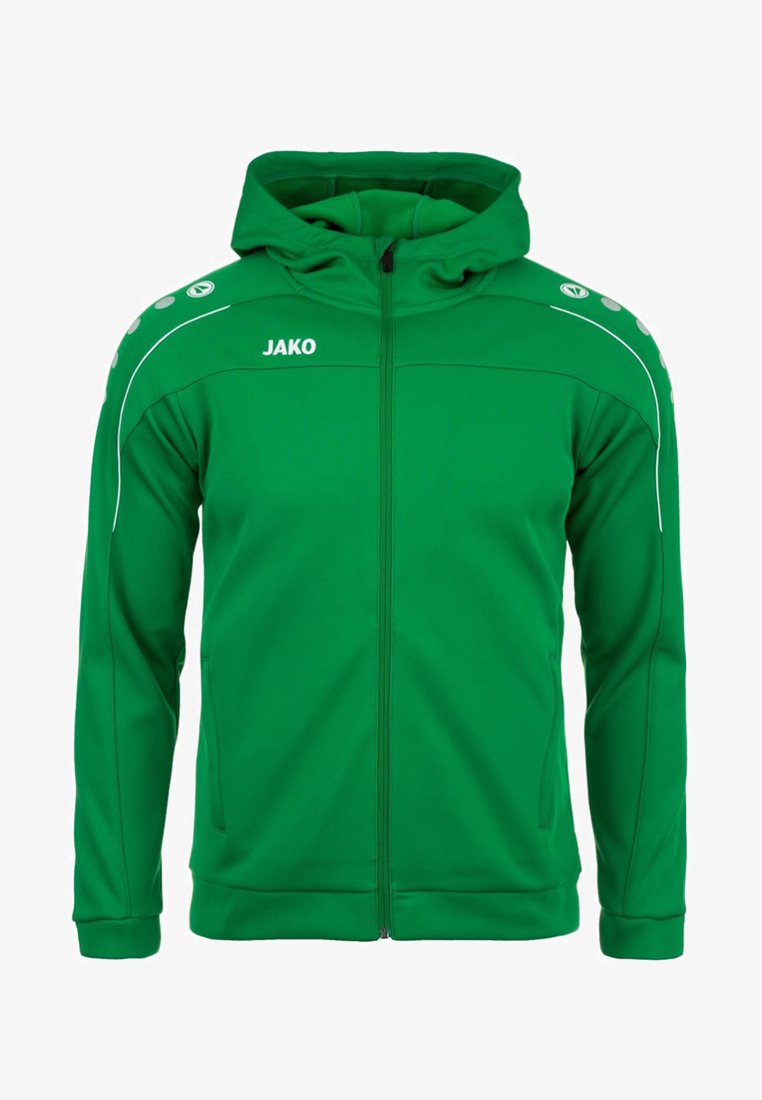 Groene zip-up hoodie van textiel met structuur. Heeft een capuchon, witte accenten en een logo. Eenvoudig ontwerp met zijzakken.
