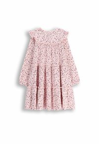 Różowa sukienka w kwiaty z długimi rękawami, falbaniastym dekoltem, warstwową spódnicą, miękkiego materiału oraz małymi fioletowymi i zielonymi wzorami kwiatowymi na całej powierzchni.