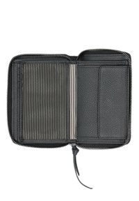 Black leather wallet with zip closure. Inside features horizontal striped and plain compartments for cards and cash. Textured surfaces are visible.