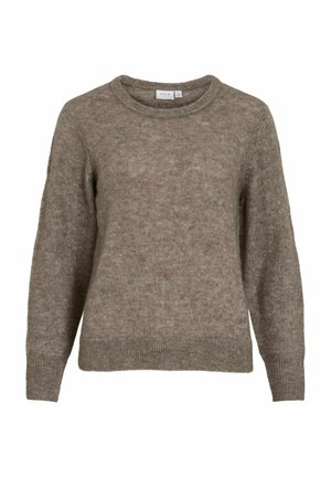 Brun stickad tröja med rundhals, långa ärmar och avslappnad passform. Mjuk textur och subtila färgvariationer genom hela plagget.