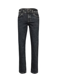 Jeans de mezclilla azul oscuro con corte recto, cinco bolsillos y costuras ligeras. La tela tiene una textura suave y un desvanecimiento mínimo.