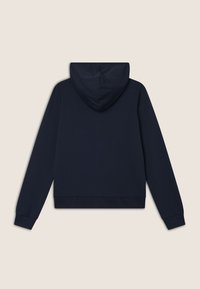 Felpa con cappuccio blu navy dal tessuto liscio, con cappuccio regolabile tramite un cordino e polsini a coste. Il design è semplice e privo di decorazioni.