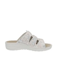 White slip-on sandal with three wide straps, textured upper featuring a pastel speckled pattern, and a cushioned sole for comfort.