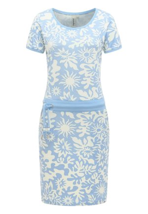 Vestito celeste a maniche corte con motivi floreali astratti bianchi e cintura a coulisse in vita.