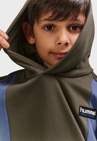 Olivgrüner und blauer Hoodie mit Kängurutasche, weicher Textur und einem aufgenähten "hummel Sportswear"-Logo auf der Brust.