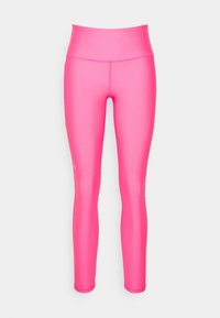 Růžové legíny s hladkým, elastickým materiálem a vysokým pasem. Mají přiléhavý střih a jemné logo blízko lemu.