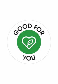Étiquette circulaire avec un fond vert, une icône de cœur et de feuille blanche, et du texte noir indiquant "BON POUR VOUS" en haut et en bas.