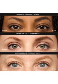 Comparaison avant-après de l'amélioration des sourcils. En haut, des sourcils foncés et définis ; au milieu, des zones clairsemées remplies ; en bas, un remplissage d'apparence naturelle.