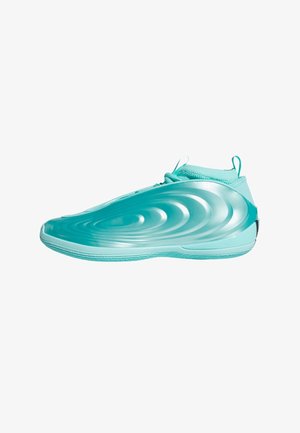 Sneaker futuristica turchese con motivi ondulati e lisci sul lato e colletto alla caviglia simile a un calzino, mostrata di profilo su sfondo bianco.