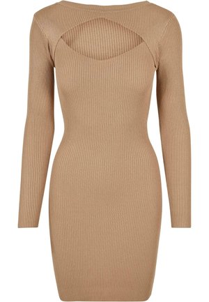 Geripptes, langärmliges Bodycon-Kleid in Beige. Es hat einen Boot-Ausschnitt und ein ausgeschnittenes Detail im Rücken und besteht aus dehnbarem Stoff.