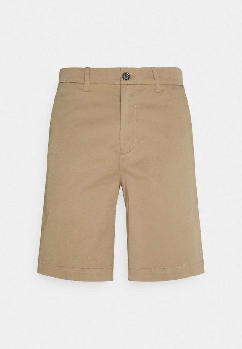 Beżowe szorty z gładkim przodem, pętelkami na pasek i pojedynczym zapięciem na guzik. Wykonane z gładkiego, lekkiego materiału o dopasowanym kroju.