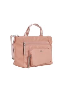 Borsa in nylon rosa strutturata con doppie maniglie, tracolla removibile, molteplici tasche con zip e dettagli in acciaio inox.
