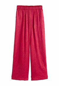 Red, wide-leg pants with a crinkled texture and an elastic waistband. Made of lightweight fabric, suitable for casual wear.
