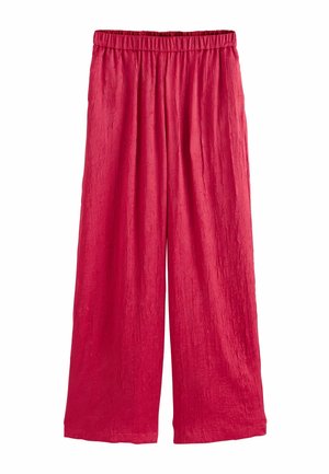 Red, wide-leg pants with a crinkled texture and an elastic waistband. Made of lightweight fabric, suitable for casual wear.