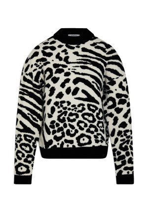 Sorte og hvide mønstrede sweater med en blød tekstur, rund halsudskæring og ribbede manchetter, der viser leopard- og zebra-motiver.