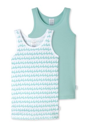 Two children's sleeveless tank tops, one solid light teal and one white with light teal wave patterns, laid flat overlapping.