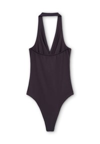 Costume da bagno nero con scollo a V profondo, texture liscia e gambe alte. Presenta un dettaglio arricciato in vita. Realizzato in materiale elasticizzato.