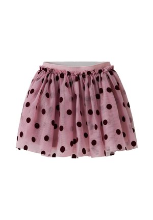 Jupe en tulle rose à pois noirs, taille élastique froncée et design évasé et plissé.