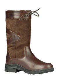 Botas marrones hasta la rodilla que presentan una combinación de cuero liso y paneles de ante, punta redondeada, suela texturizada y un lazo decorativo en la parte superior.