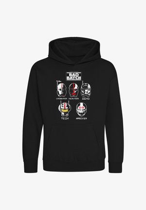 Hoodie noir avec une impression graphique de six casques de personnages de "The Bad Batch", accompagnée de labels textuels : Crosshair, Hunter, Echo, Tech, Wrecker.