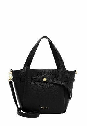 Schwarze Ledertasche mit strukturierter Oberfläche, zwei Griffen, abnehmbarem Schulterriemen, goldfarbenen Beschlägen und einer vorderen Druckknopflasche.