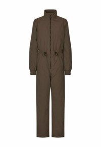 Salopetă maro realizată dintr-un material ușor, rezistent la apă. Prezintă un guler înalt, manșete elastice și o talie cu șnur pentru ajustarea potrivirii.